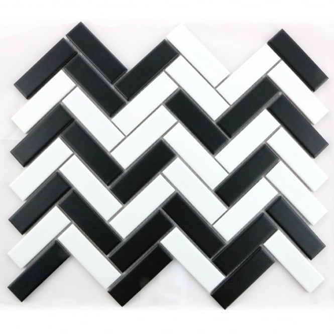 Herringbone Black and White Matt 31.8cm x 24.7cm Wall & Floor Mosaic